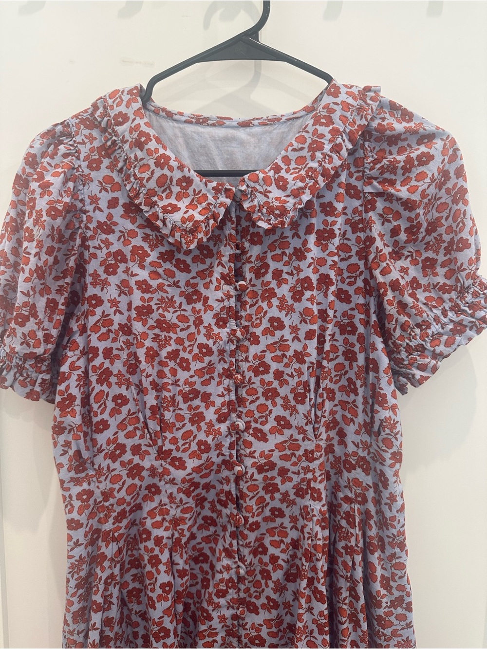 Madewell Blue-  above the knee  - cotton Dress with Red Floral Print